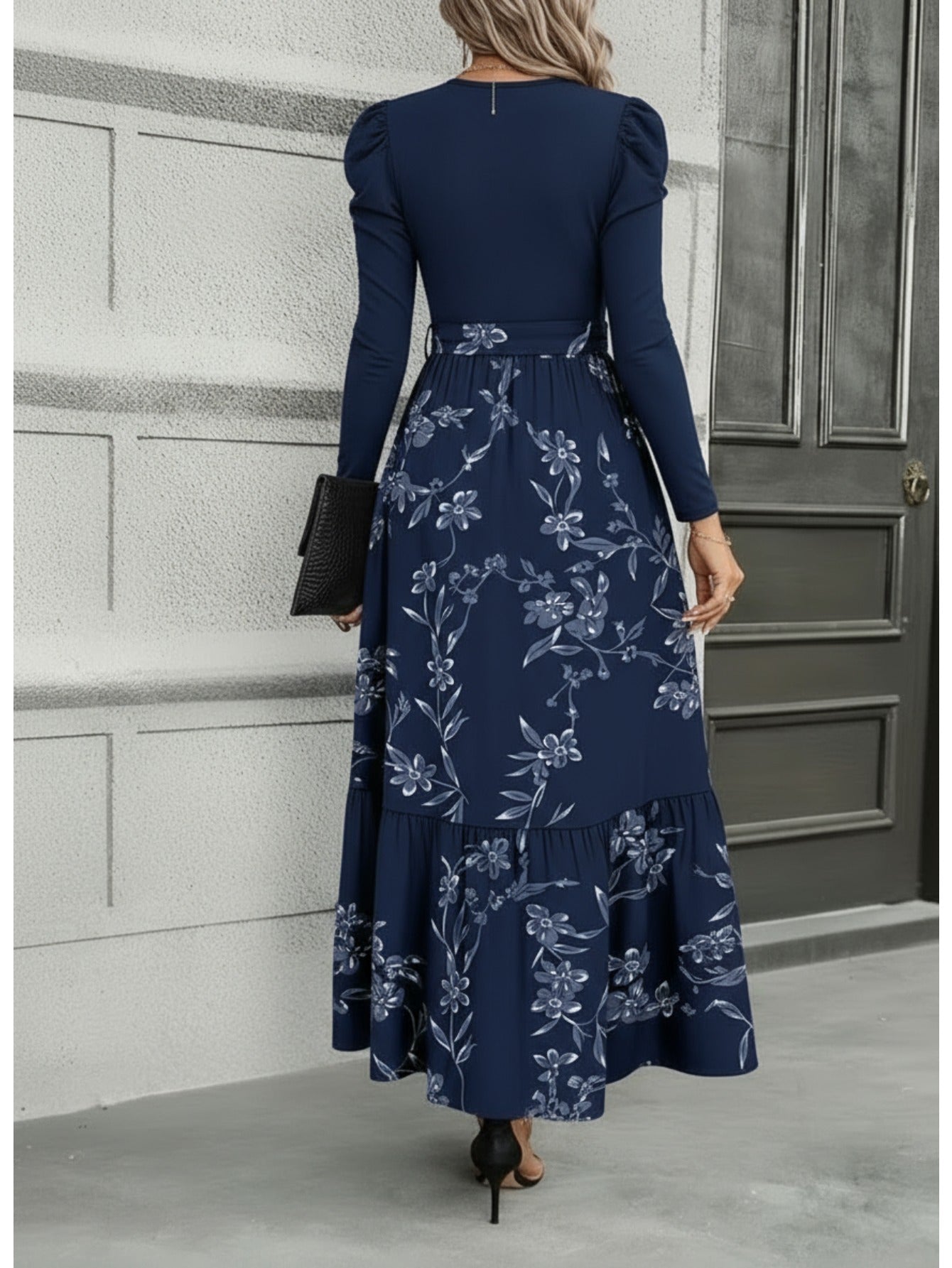 Women'S Navy Blue Floral Tie-Waist Maxi Dress | Retro Elegant Style, Suitable for Daily Streetwear, Light Social Occasions, and Chic Gatherings
