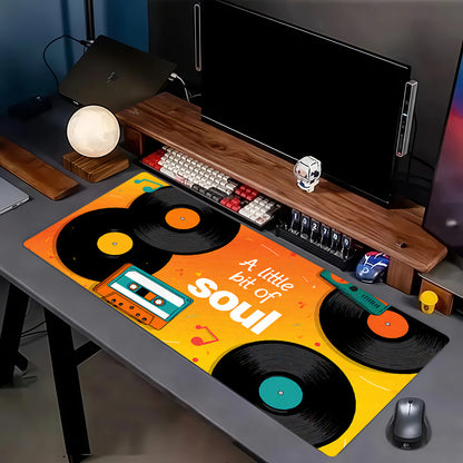 1pc Large Retro Vinyl Record Gaming Mouse Pad & Desk Mat - Soul Music Theme with "A Little Bit of Soul" Text, Vinyl & Cassette Design, Non-Slip Rubber Base, Smooth Surface for PC/Laptop, Ideal Gift for DJs, Musicians, Gamers