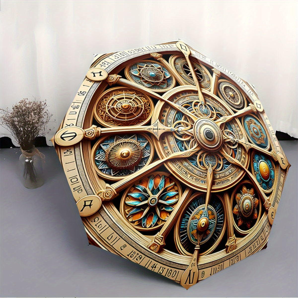 Steampunk Mechanical Clockwork Umbrella with Gears, Dials & Compass - Automatic Opening/ Closing, 8-Rib Compact Travel Umbrella with Chronos/Helios/Astra Dial - All-Season Accessory for Men & Women, Ideal Gift for Steampunk F