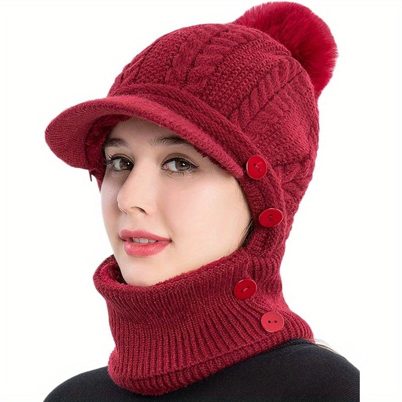 1x Winter Women's Pullover Ear Warmer Hat, Scarf Mask Combo Warm Thick Skull Ski Cap, Head And Neck Warmth, Ear And Face Warmer, Winter Scarf Mask Combo, Ear Warmer Hat, Cable Pattern, Slouchy Fit, Hand Wash Care, Thick Fleec