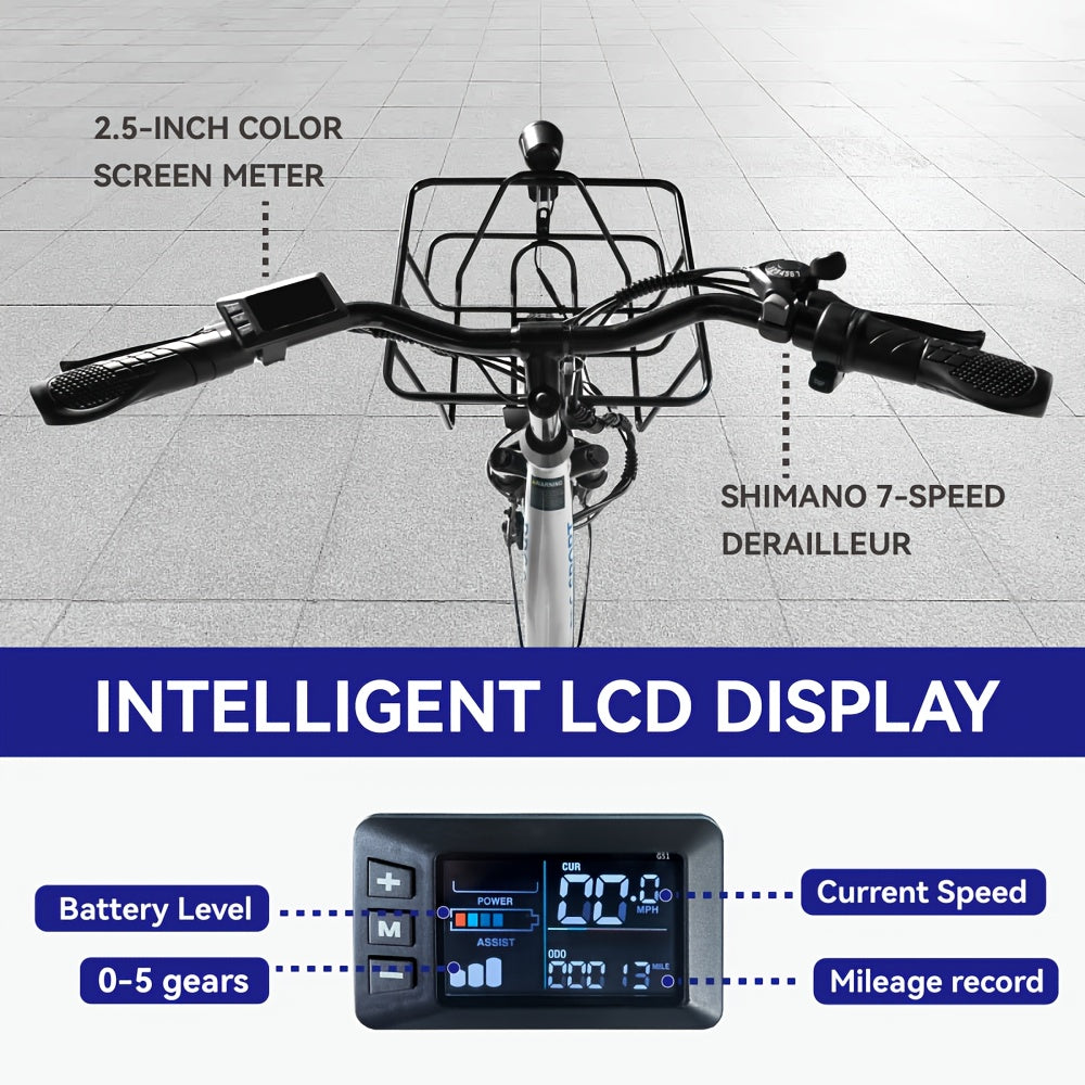 24-inch Wheels, 20-26MPH Commuter, LCD Display, 7 Speed Shift Adult Electric Bicycle, 350-500w Powerful Motor, 36V 10.4A Lithium Battery, Aluminum Alloy Body, Front Fork Shock Absorber, Headlights, Night Driving Protection, B