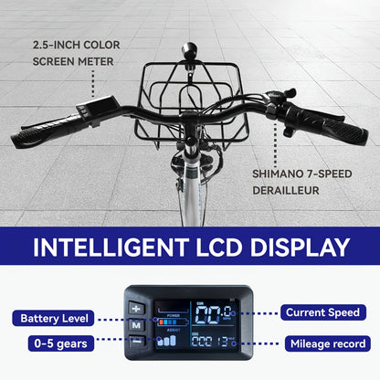 24-inch Wheels, 20-26MPH Commuter, LCD Display, 7 Speed Shift Adult Electric Bicycle, 350-500w Powerful Motor, 36V 10.4A Lithium Battery, Aluminum Alloy Body, Front Fork Shock Absorber, Headlights, Night Driving Protection, B