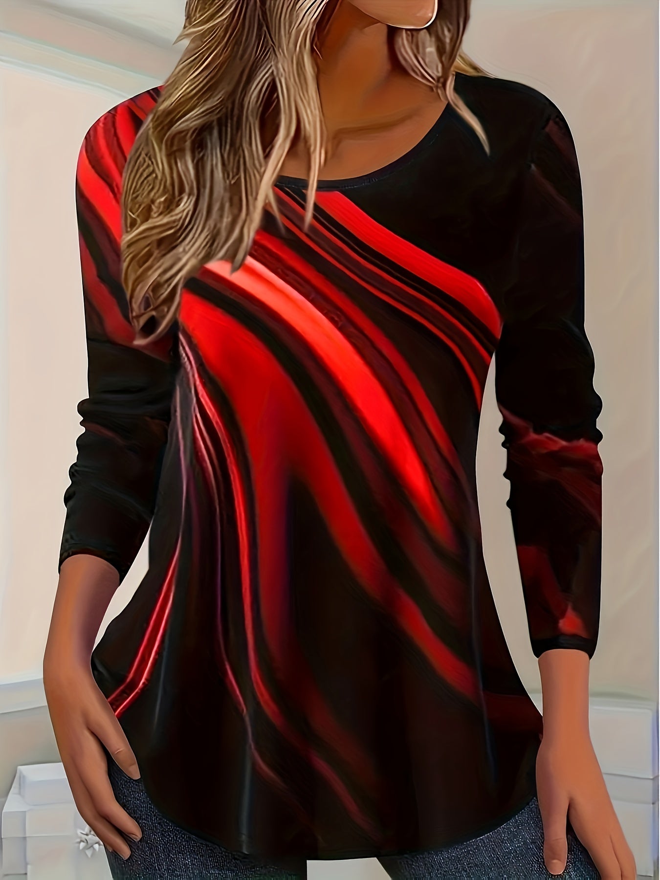 Women'S Relaxed Fit Geometric Stripe Print Round Neck Long Sleeve T-Shirt - Soft Plush Fabric, Black & Red Horizontal Stripes, Spring/Autumn Layering Essential, Casual to Semi-Formal Versatile Top, Comfortable Everyday Basic