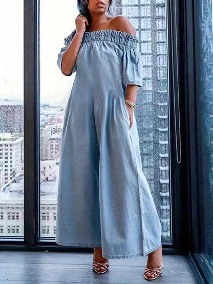 Off-The-Shoulder - Women'S Elegant Slit Jumpsuit - Pleated Solid Color - Loose Short Sleeves - Stretch Jumpsuit