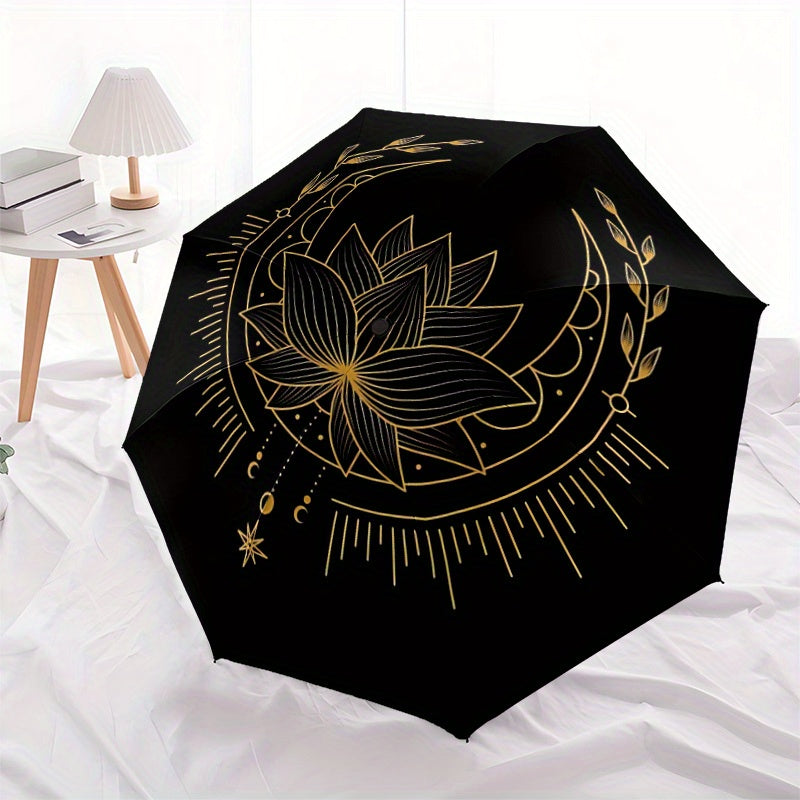 1pc Lotus Mandala Automatic Open/Close Folding Compact Umbrella - 8-Rib Sturdy Canopy, Lightweight Portable, Durable Plastic & Iron Construction, Elegant Black & Golden Design for Daily Commute, Travel, Outdoor Use - Fashiona