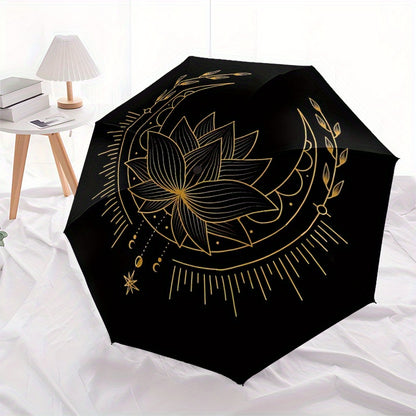 1pc Lotus Mandala Automatic Open/Close Folding Compact Umbrella - 8-Rib Sturdy Canopy, Lightweight Portable, Durable Plastic & Iron Construction, Elegant Black & Golden Design for Daily Commute, Travel, Outdoor Use - Fashiona