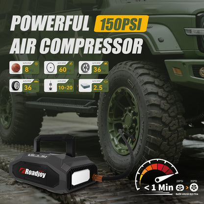 Roadjoy 7000A Peak Portable Jump Starter with Air Compressor, 150PSI Digital Tire Inflator, 12V Car Battery Charger, 2.11gal Gas/Diesel Engine, Fast Charge USB QC18W, LED Emergency Light, Power Bank & Power Station, USB-Power