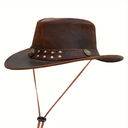 1pc SideWinder Australian Cowboy Leather Hat Unisex Adult For Men And Women Shapeable Outback Western Style Wide Brim, Lightweight Top-Grain Leather, High Quality &, Adjustable Chin Cord, Festival Accessory, Unisex Outdoor He