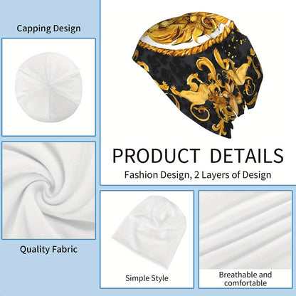 Lightweight Comfort | Golden Lion Damask Bonnet Hat for Men & Women – Lightweight, Stylish Hip Hop Beanie Cap with Ornate Golden Lion Design, Black Background with Rope Patterns, Perfect for Autumn & Spring Warmth