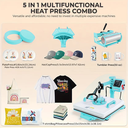 15"x15"/15"x12" - 8in 1/5in 1 Heat Press Combo, Rotatable Design, Multi-Size Transfer Professional Sublimation Kit, Suitable for T-Shirts, Bags, Pillows, Hats, Beanies, Rollers - Three-in-One Automatic Hat Press Only for Hats