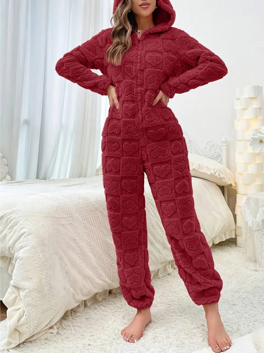 Women's Winter Thermal Jumpsuit - Heart Jacquard Zipper Hooded Bodysuit with Ear Decoration | Solid Color (Compatible for Nord Styles) | Soft Stretchy Loungewear Trouser Onesie | Hand Washable Fall Clothing for