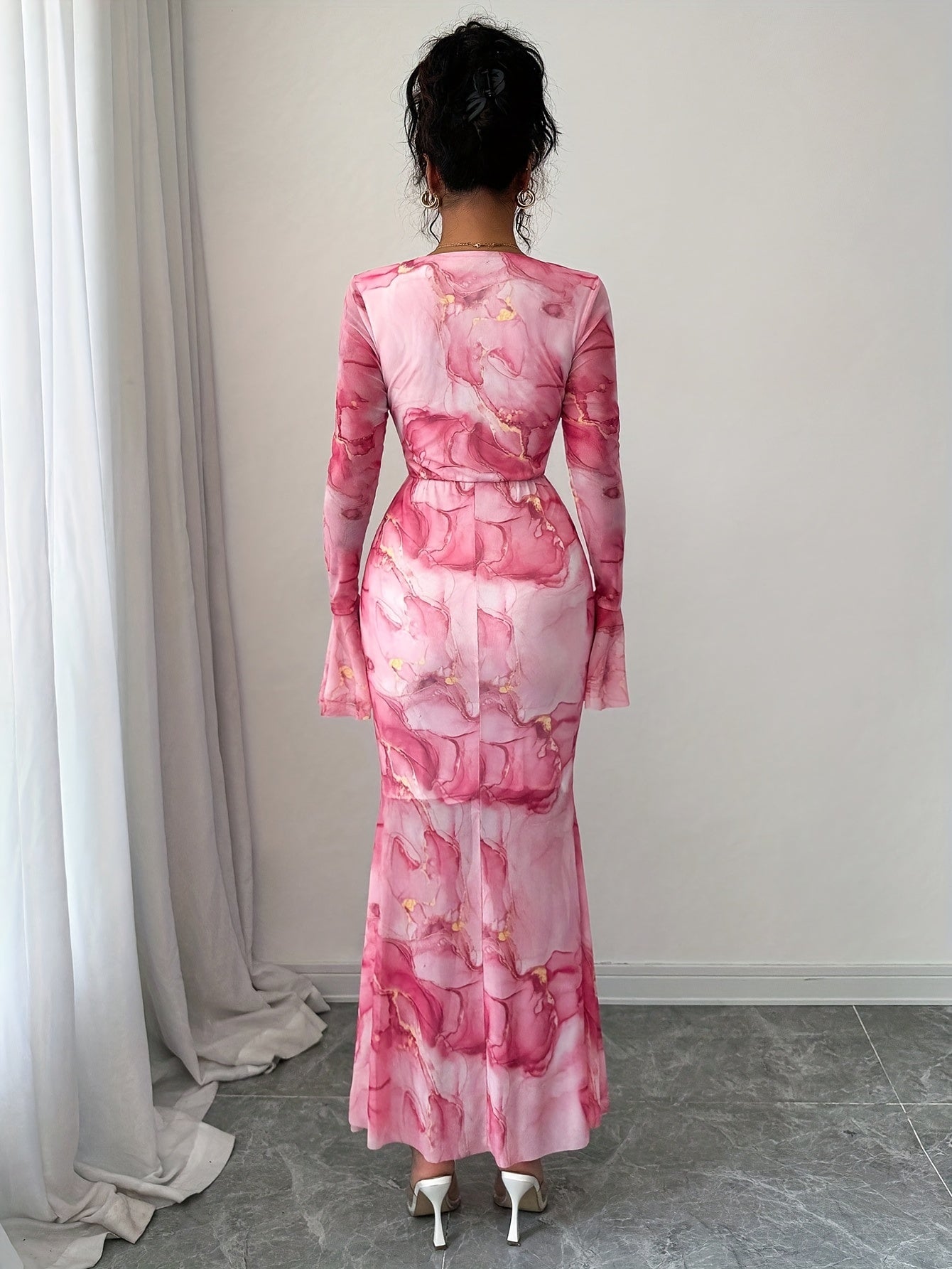 's Pink & Golden Peony Floral Print Mermaid Evening Gown - Bell Sleeve A-Line Wedding Dress with Train, -Length Party Dress for Prom, Galas & Formal Events (Machine Washable)