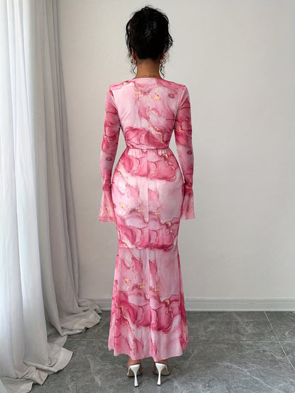 's Pink & Golden Peony Floral Print Mermaid Evening Gown - Bell Sleeve A-Line Wedding Dress with Train, -Length Party Dress for Prom, Galas & Formal Events (Machine Washable)