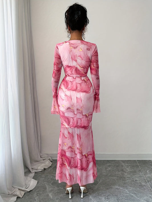 's Pink & Golden Peony Floral Print Mermaid Evening Gown - Bell Sleeve A-Line Wedding Dress with Train, -Length Party Dress for Prom, Galas & Formal Events (Machine Washable)