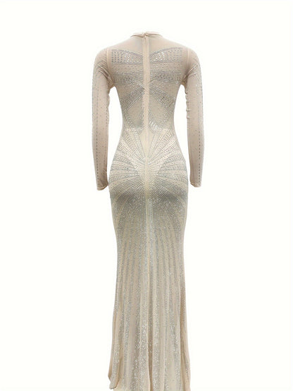 Long Sleeve Maxi Dress - Elegant Sheer Mesh with Rhinestone Detail - Bodycon Fit for Women - Perfect for Spring/Summer/Fall