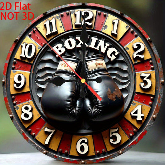10 Inch Vintage Boxing Glove Wall Clock - Silent Quartz Movement, 2D Flat Print Retro Boxing Design with Red & Gloves, Faux Wood Round Clock for Home Gym, for Cave, Sports-Themed Decor - Battery-Powered (AA Not Included) - Du