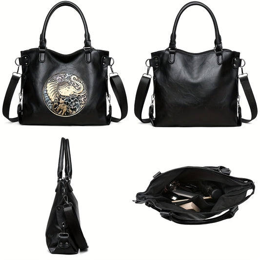 Women's Vintage Bohemian Elephant Print  Tote Bag with Detachable Strap - Elephant-Themed Large Capacity Handbag Suitable for Travel, Shopping, & Everyday Use - Lightweight Zipper Closure & Animal Pattern ( /)