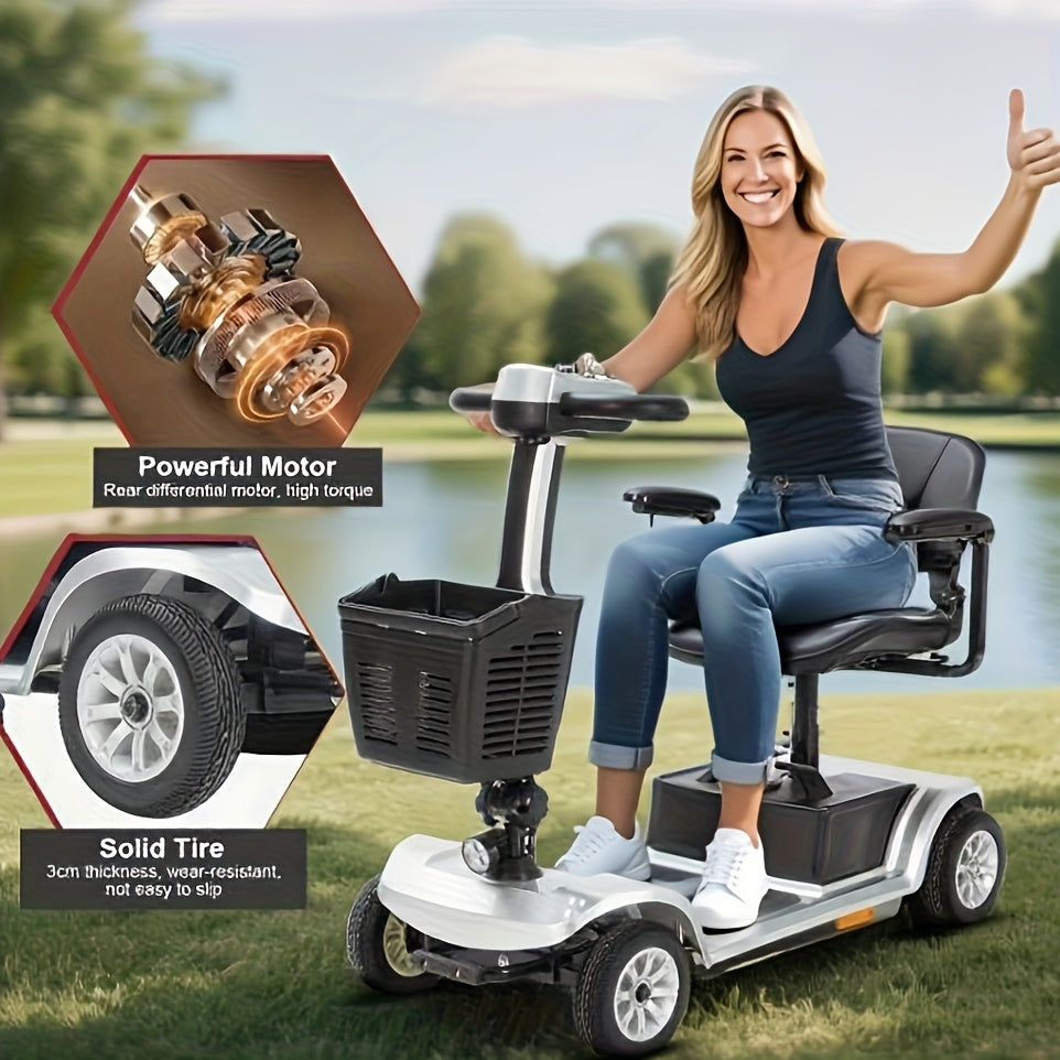 4-wheel Electric Mobility Scooter, Designed for Seniors And Individuals with Disabilities, 250W Motor, 12AH 3.73 Mph Top Speed, 12.4-mile Range, 360° Rotating Seat, LED Headlights, Detachable Battery And Basket, Foldable Des