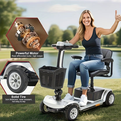 4-wheel Electric Mobility Scooter, Designed for Seniors And Individuals with Disabilities, 250W Motor, 12AH 3.73 Mph Top Speed, 12.4-mile Range, 360° Rotating Seat, LED Headlights, Detachable Battery And Basket, Foldable Des