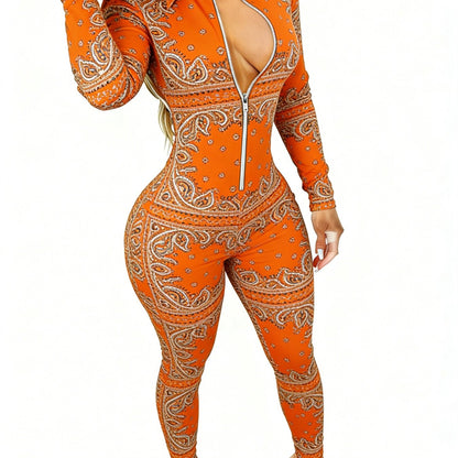 Women's Long Sleeve Slim-Fit Zip-Front Jumpsuit with Orange Paisley Print - Vibrant & Trendy for Weekend, Casual Outings | Sizes 2XS-2XL