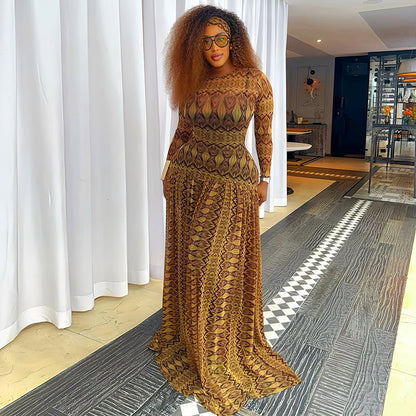 Women'S Elegant Long Sleeve Maxi Dress with Ruched Waist & Geometric Print - Loose Fit Bodycon Silhouette, Round Neck Long Dress in Brown - Comfortable Formal & Semi-Formal Outfits for Fall/Winter, Casual to Formal Events - V