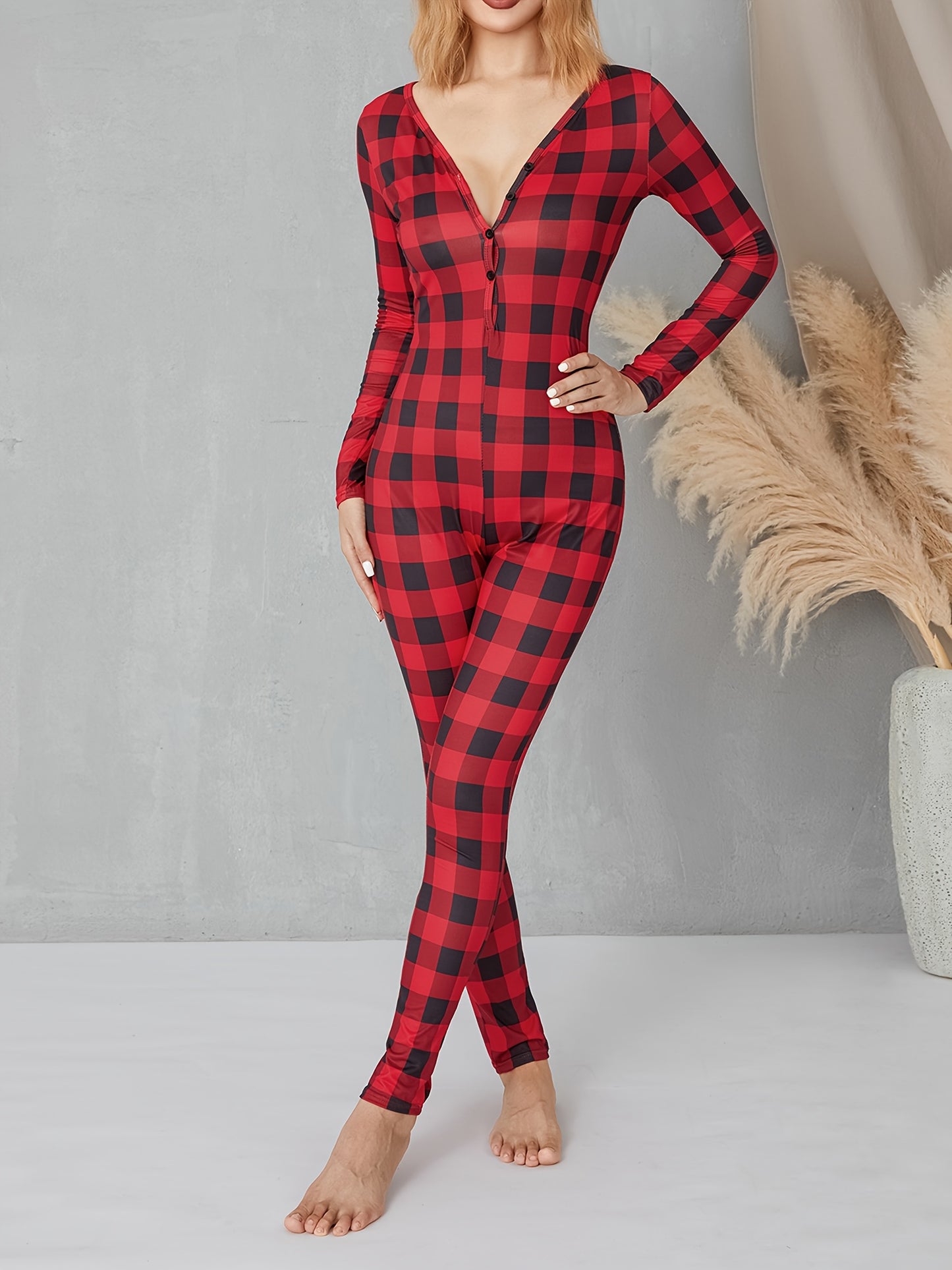 Women's Plaid V-Neck Romper - Casual Long Sleeve Jumpsuit with Elastic Yoga Waist and Button Details, Red, Polyester