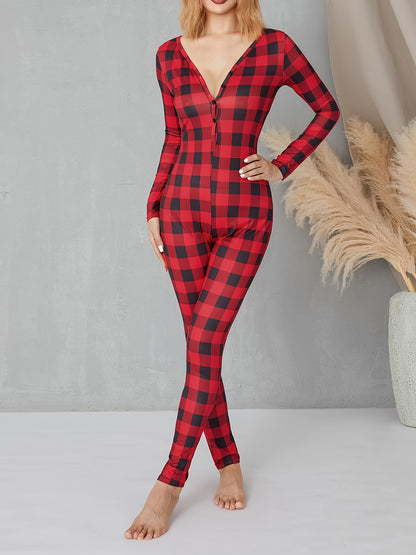 Women's Plaid V-Neck Romper - Casual Long Sleeve Jumpsuit with Elastic Yoga Waist and Button Details, Red, Polyester