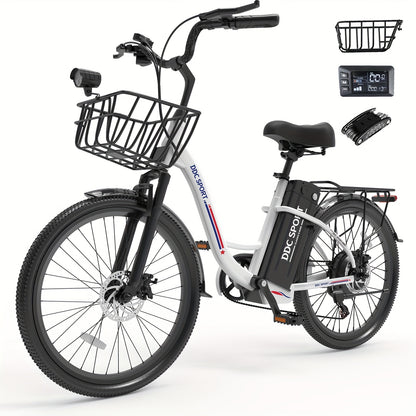 24-inch Wheels, 20-26MPH Commuter, LCD Display, 7 Speed Shift Adult Electric Bicycle, 350-500w Powerful Motor, 36V 10.4A Lithium Battery, Aluminum Alloy Body, Front Fork Shock Absorber, Headlights, Night Driving Protection, B