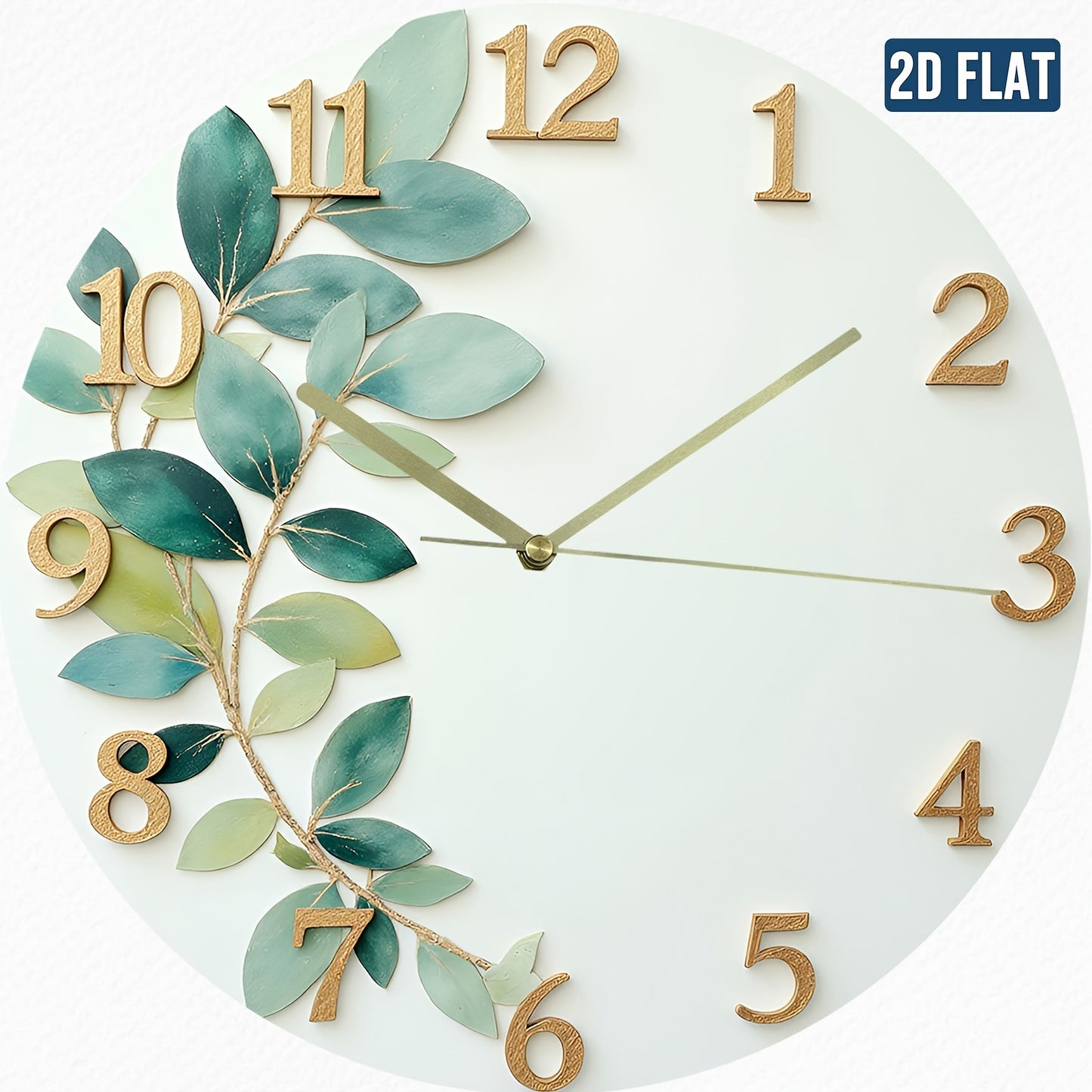 2D Flat Green Leaf Theme Design, Silent Wall Clock for Home Living Room Creative Fashionable Bedroom Hanging Clock Without Battery, 2D Flat