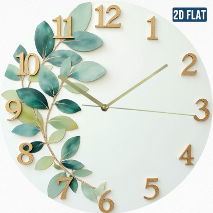 2D Flat Green Leaf Theme Design, Silent Wall Clock for Home Living Room Creative Fashionable Bedroom Hanging Clock Without Battery, 2D Flat