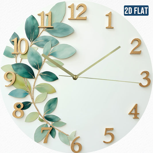 2D Flat Green Leaf Theme Design, Silent Wall Clock for Home Living Room Creative Fashionable Bedroom Hanging Clock Without Battery, 2D Flat