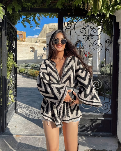 Women'S Chic Black & White Striped Belted Cardigan - Long Sleeve Open Front Sweater with Adjustable Waist Tie, Loose Fit Winter Coat for Everyday & Formal Outfits - Elegant Layering Piece for Fall/Winter Seasons, Cardigan Swe