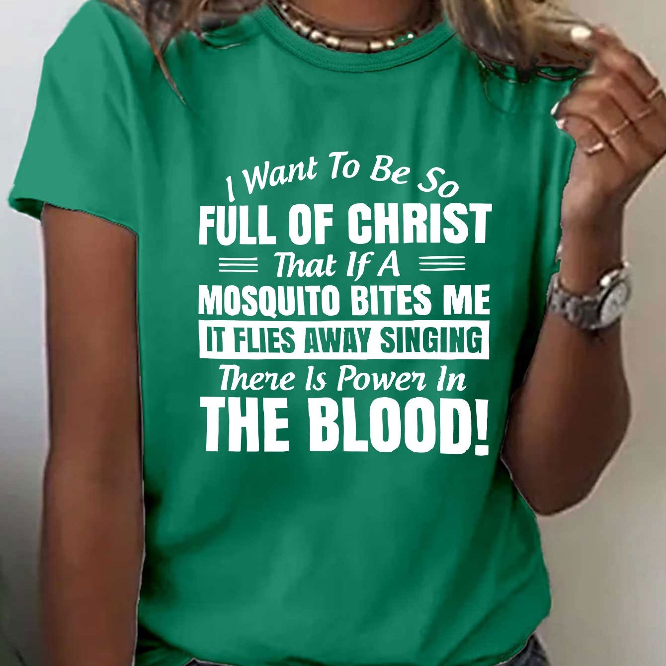 Women'S Casual Red T-Shirt with Inspirational Christian Quote - "I Want to Be So Full of Christ That If a Mosquito Bites Me It Flies Away Singing There is Power in the Blood!" - Short Sleeve, Round Neck, Spring & Summer Top,