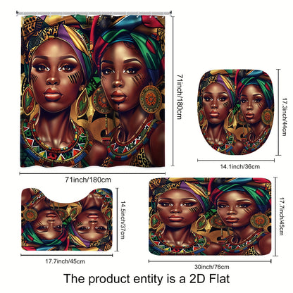1pc/4pcs - 2D Flat Black Shower Curtain Set, African American Women Western Fashion Art Bathroom Set, Full Set Of 12 Hooks, Non-slip Bath Mat, Toilet U-Shaped Mat, Toilet Mat, Bathroom Decor And Accessories, 2D Flat