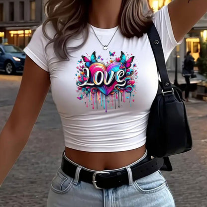 Fun Flower-shaped Letter Creative Pattern Women's Fashionable Short Printed T-shirt, Sexy Slim-fitting Waist-revealing Women's T-shirt, Round-neck Short Women's Tight Top, Classic Three-color Short-sleeved Casual, Elegant, Li