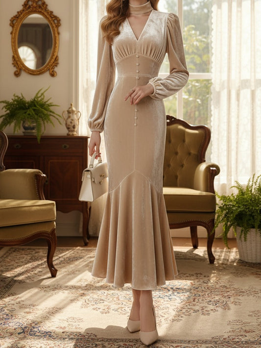 This Elegant Long-Sleeve Midi Dress Features a Mock-Neck And V-Collar Design, Perfect for Women. Its Retro And Exquisite Style Makes It Ideal for Formal Events, Romantic Outings, And Luxurious Afternoon Teas During The Fall A
