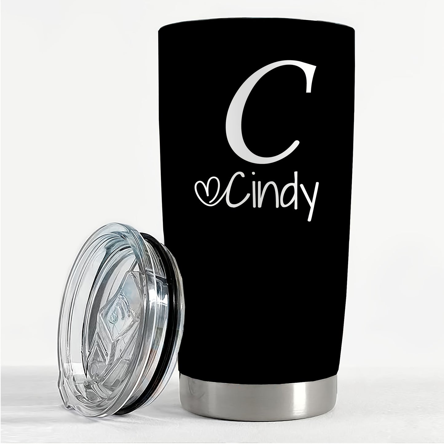 Personalized Stainless Steel Tumbler 20oz - Custom Name/Initials/Text - Double-Wall Insulated Cup with Leakproof Lid & Elegant Cursive Lettering - White with Black Lettering - Ideal Gift for Valentine's, Birthday, Office, Tra