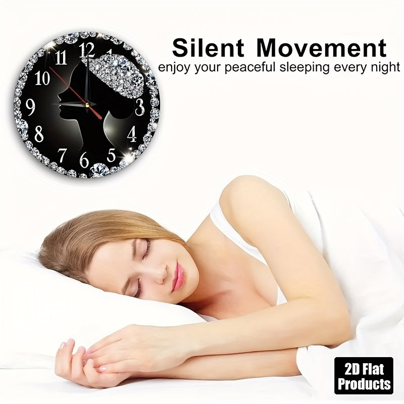 2D Flat 1pc Diamond Woman Silhouette Wall Clock, 9.8" Round Wooden Kitchen Decor with Sparkling Rhinestones, Easy to Read, Silent, No Drip, Requires 1 AA Battery, Bedroom, Office, Bedroom Wall Clock | Elegant Wall Clock | Woo