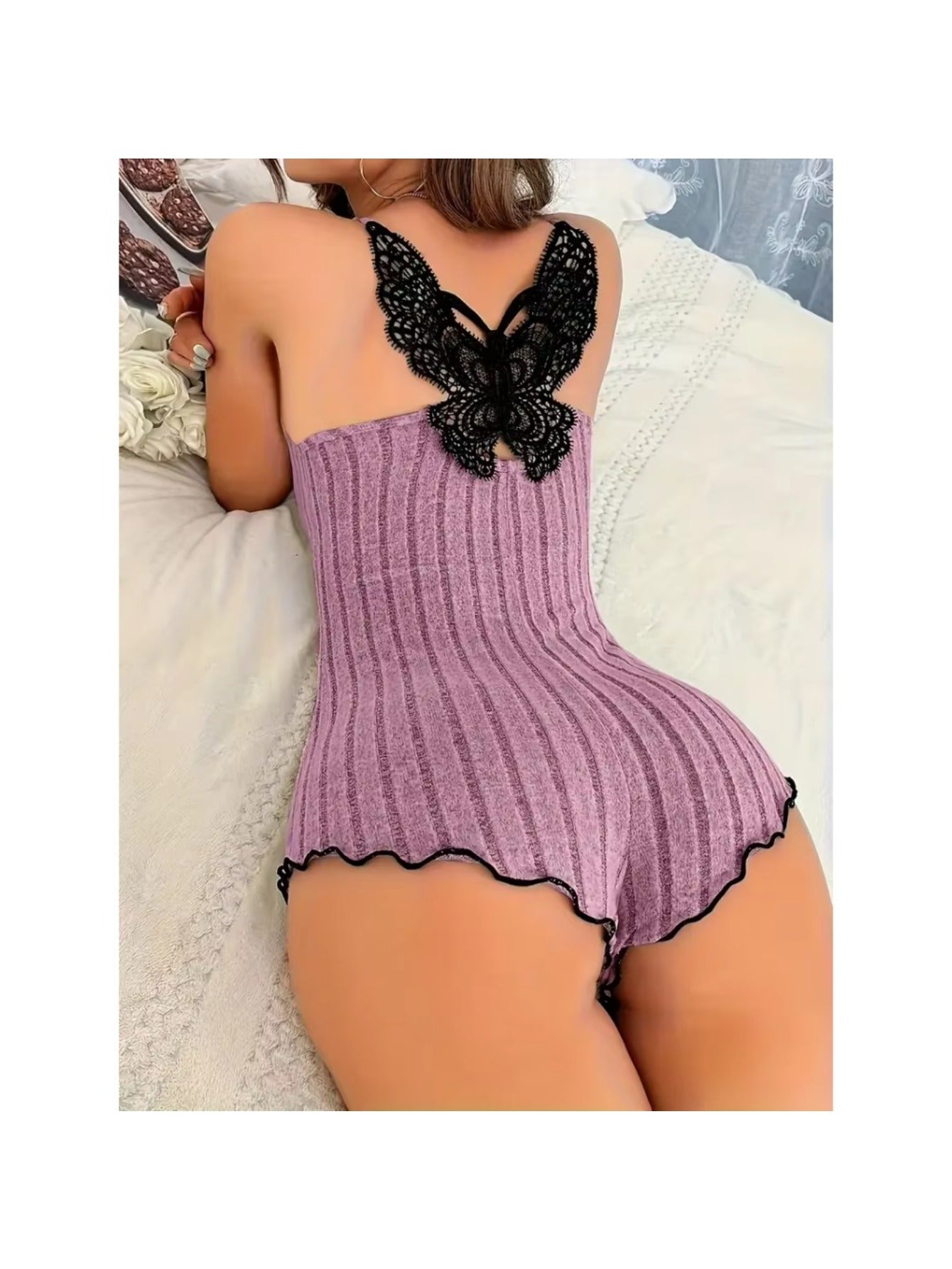 Back Butterfly Embroidery Design Pajamas for Womens Onesies | Summer Sleepwear Lace Splicing Bodysuit Loungerwear with Long Sleeves and Hooded Collar