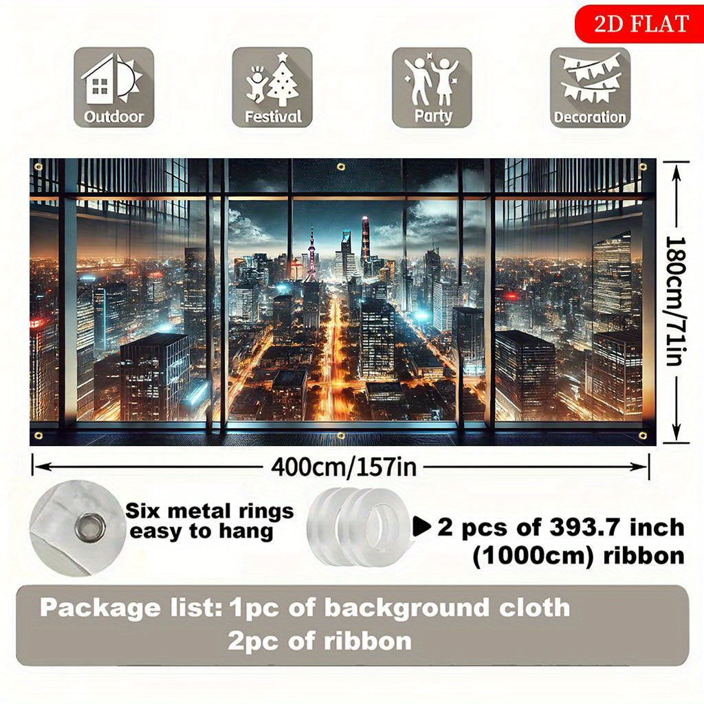 2D Flat 1-Piece Night City Skyline Polyester Fabric Backdrop, 71x157 Inches, Multi-Scene 2D Printed Decor for Parties, Festivals, Gardens & Garages – No Power Needed