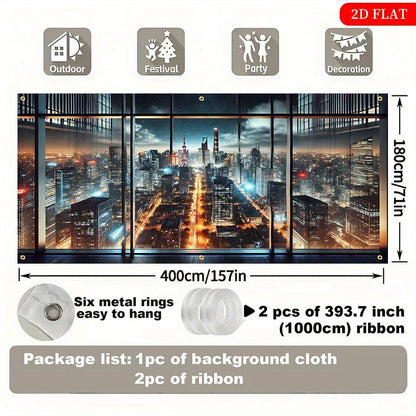 2D Flat 1-Piece Night City Skyline Polyester Fabric Backdrop, 71x157 Inches, Multi-Scene 2D Printed Decor for Parties, Festivals, Gardens & Garages – No Power Needed