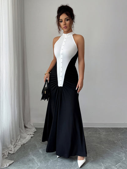 European Style Black White Spliced Maxi Dress | Halter Neck, Sleeveless, Pleated Skirt, Button Details, Elegant Wedding Guest Dress for Fall.