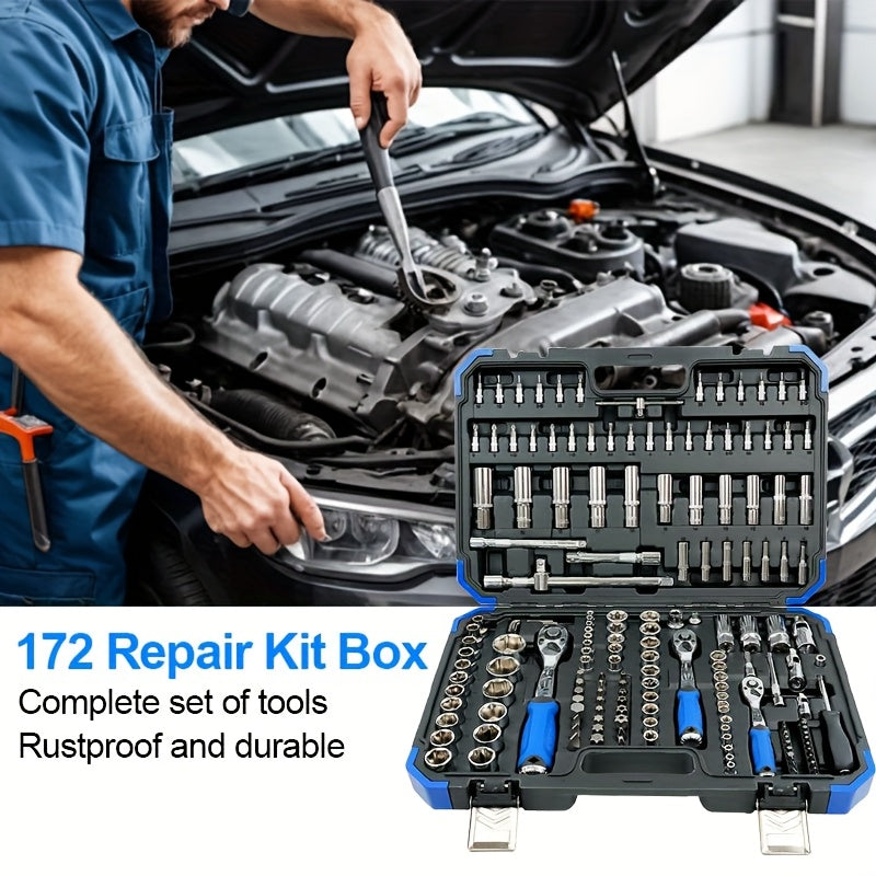 171pcs High-end Professional Tool Set, Torque Wrench, 1/2"*3/8" Drive Depth And Standard Socket, Suitable for Car And Bicycle Repair Tools, Auto Parts Repair, Home Essential