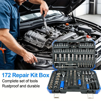 171pcs High-end Professional Tool Set, Torque Wrench, 1/2"*3/8" Drive Depth And Standard Socket, Suitable for Car And Bicycle Repair Tools, Auto Parts Repair, Home Essential