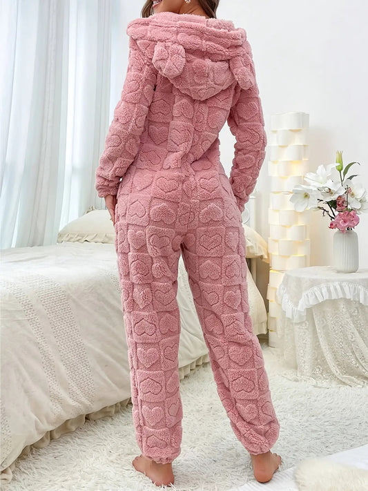 Women's Winter Thermal Jumpsuit - Heart Jacquard Zipper Hooded Bodysuit with Ear Decoration | Solid Color (Compatible for Nord Styles) | Soft Stretchy Loungewear Trouser Onesie | Hand Washable Fall Clothing for