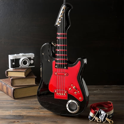Electric Guitar Shaped Fashionable PU Crossbody Bag for Women, Solid Color, Detachable Shoulder Strap, USB Speaker, Zipper Closure, Polyester Lining, Edge Paint, Hip Hop Style, Detachable Strap, Electric Guitar Bag