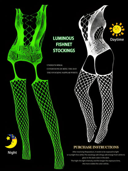 1pc Women's Glow-in-the-Dark Fishnet Onesie - Blue Fluorescent Glow Under Black Light - Activated Luminous High-Stretch Leggings with Skeleton Design - No Padding & Hand Washable - Sexy Lingerie for Valentine's Day, Music Fes