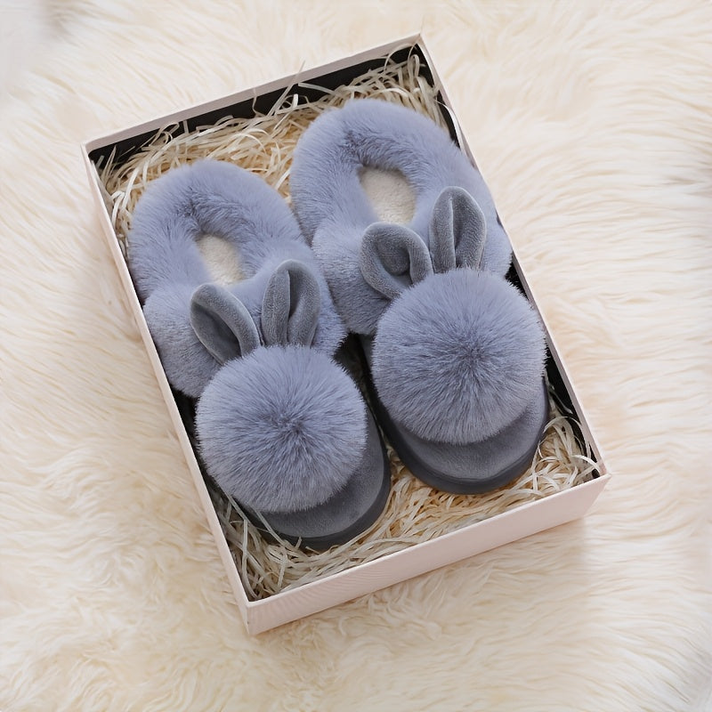 [Cozy House Shoes] 2025 New Autumn & Winter Single Ball Rabbit-Ear Design Warm Slippers for Men & Women - Couples' House Shoes with Thick Sole & Semi-Enclosed Back | Indoor/Outdoor Slides | Lightweight & Quiet Home Footwear |