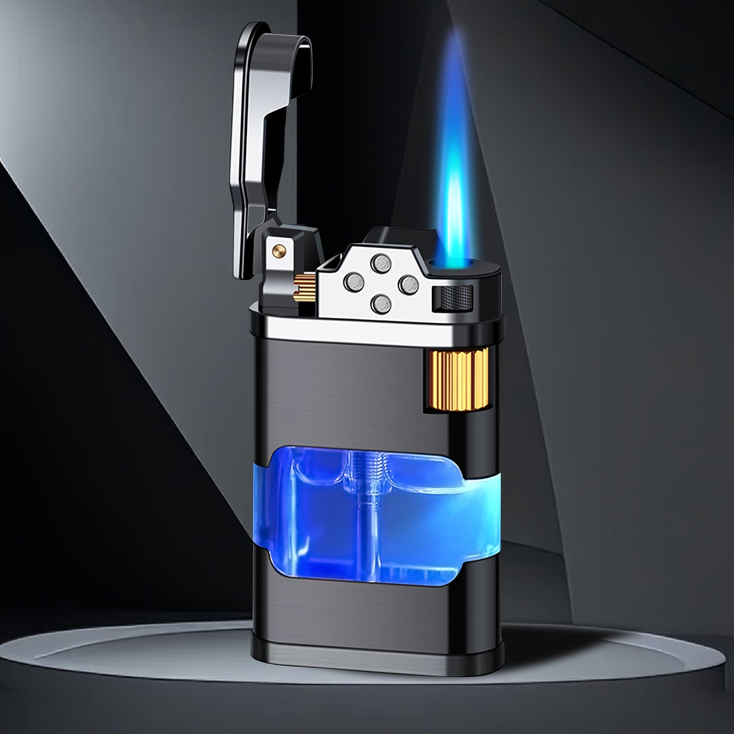 Windproof Blue Flame Butane Lighter with Transparent Gas Chamber & Wheel Ignition - Ergonomic Outdoor Lighter for Camping, Hiking, Candles - Durable Metal Construction, Perfect Gift for Dad, Boyfriend (No Butane Gas Included)