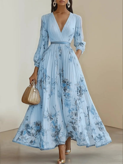 Women's Elegant A-Line Maxi Dress with V-Neck & full-length Zipper Back - Long Sleeve Summer Wedding Guest Gown, Pleated Maxi, Non-Stretch Fabric (Hand Wash/Dry Clean) - Floral print suitable for Prom, Party, Special Occasion